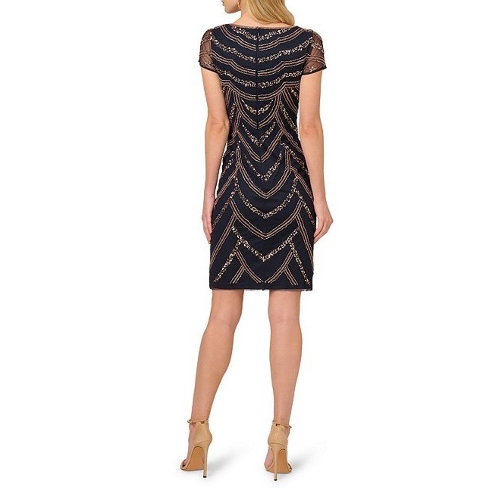 Adrianna Papell Navy Blue Sequin Beaded Art Deco Sheath Cocktail Dress NEW 10 - Picture 2 of 16